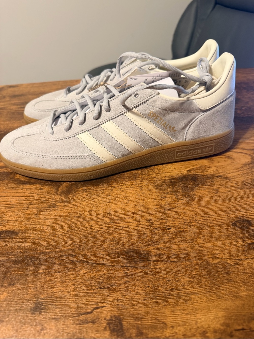 adidas Spezial Men’s Suede Sneakers in Light Gray and Cream with Gum Sole 12M